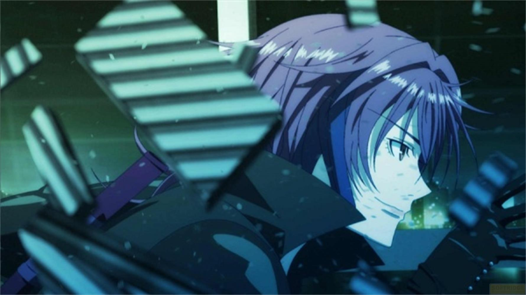 Personaggio anime con capelli viola guarda a destra, specchi rotti in primo piano.