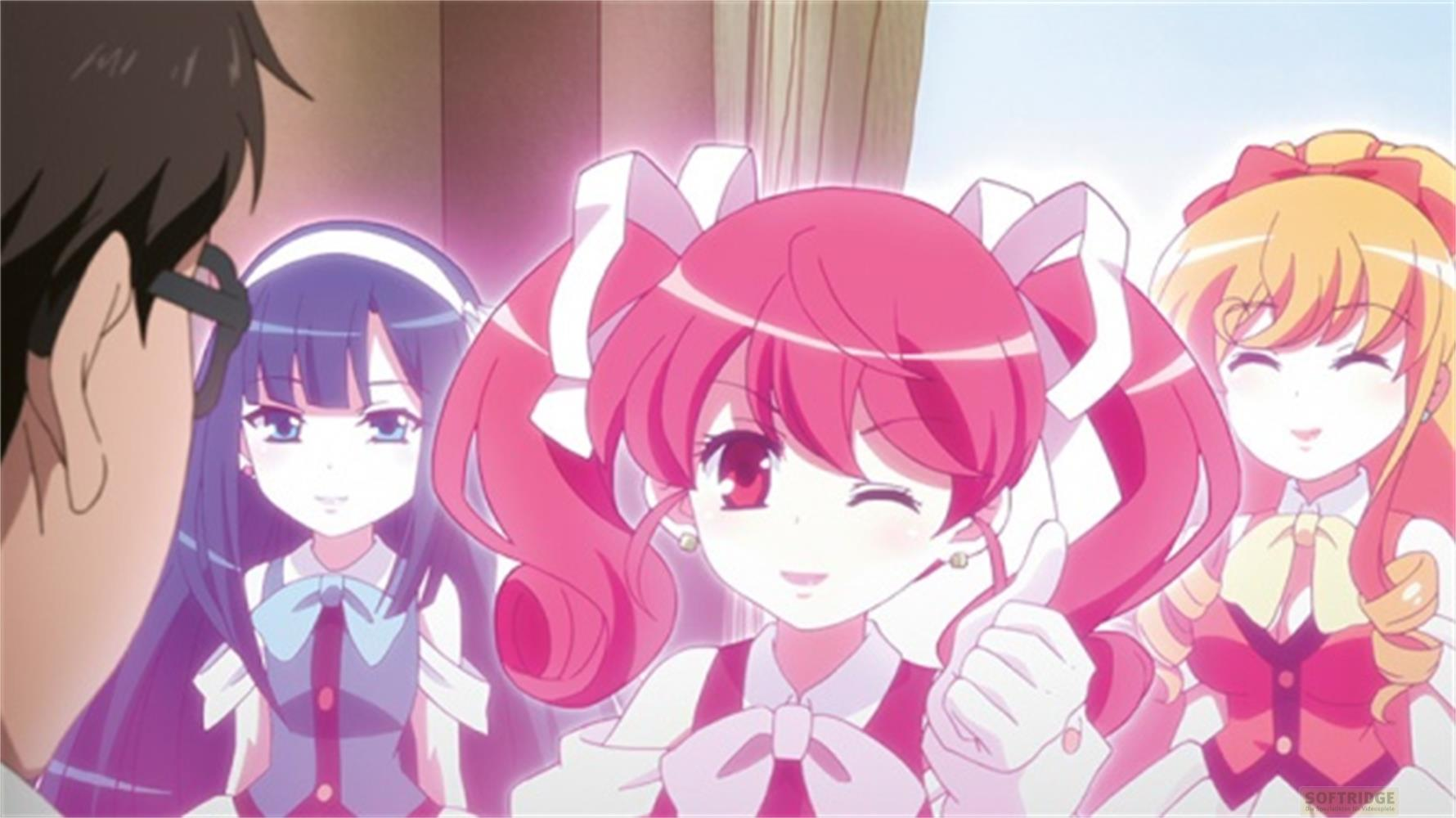 Tre ragazze anime dai capelli luminosi, due sorridono, una fa l'occhiolino.