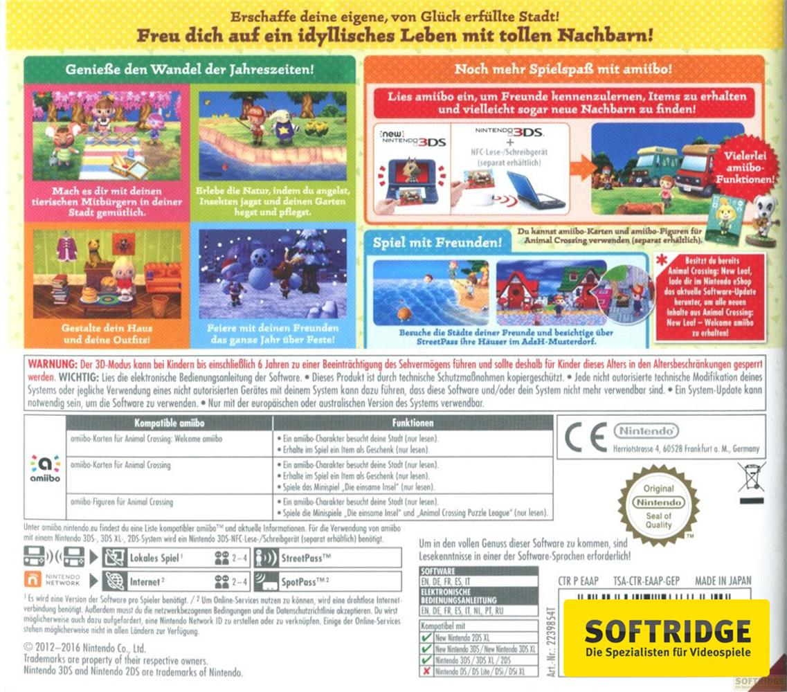 Rückseite eines Spiels mit Screenshots, amiibo-Funktionen und Warnhinweisen.