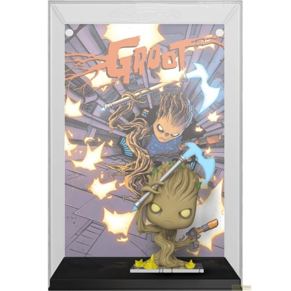 Funko Pop Groot Figur mit Axt und Waffe vor Comic-Hintergrund.