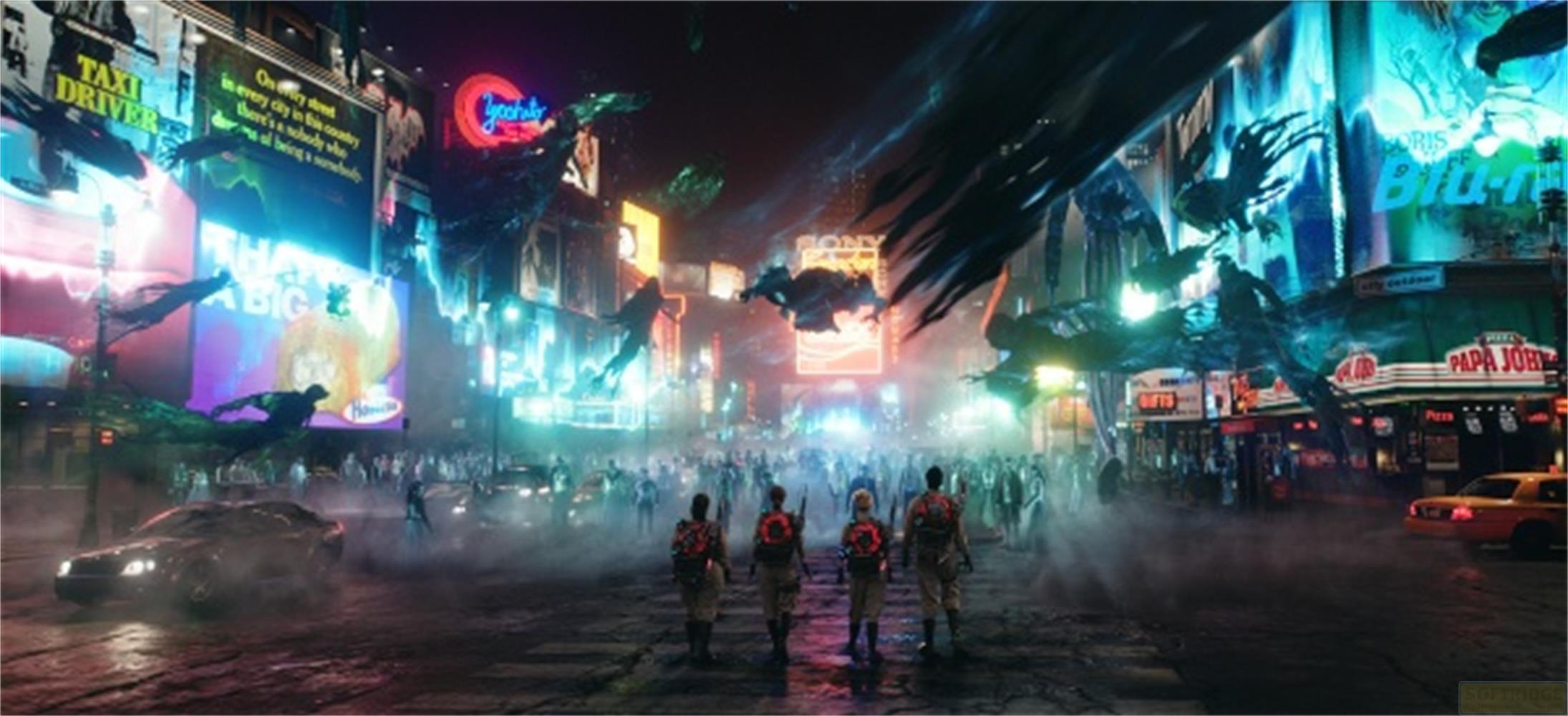 Una città di notte con cartelloni luminosi e creature volanti.