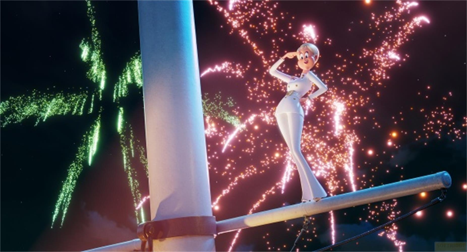 Une femme en blanc se tient sur un tuyau métallique avec des feux d'artifice.