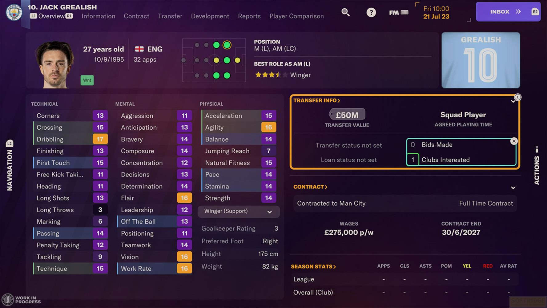 Spielerprofil von Jack Grealish mit Statistiken, Transferwert und Vertrag.