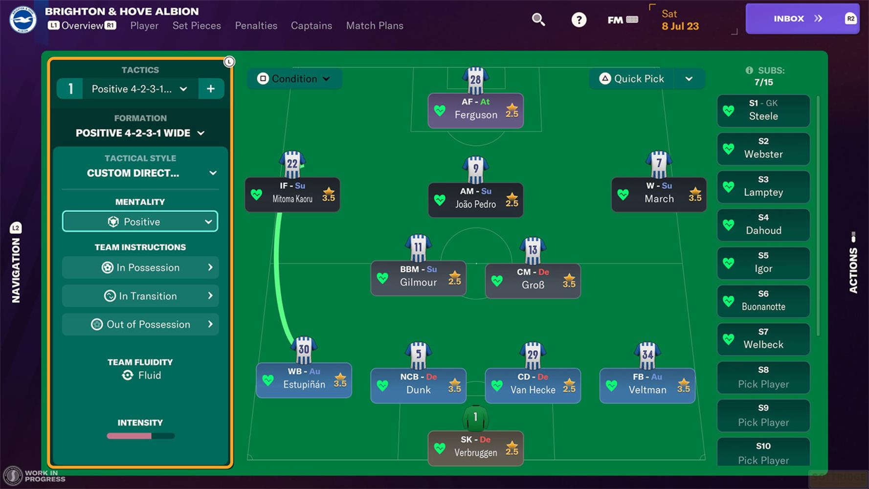Fußballtaktikbildschirm: Brighton & Hove Albion 4-2-3-1 Aufstellung mit Spielernamen.