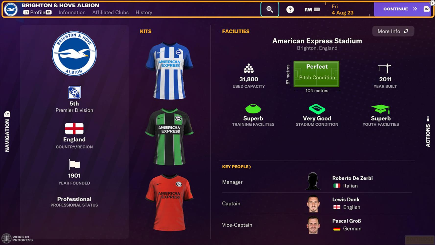 Brighton & Hove Albion Teamübersicht mit Trikots, Stadiondetails und Schlüsselpersonal.