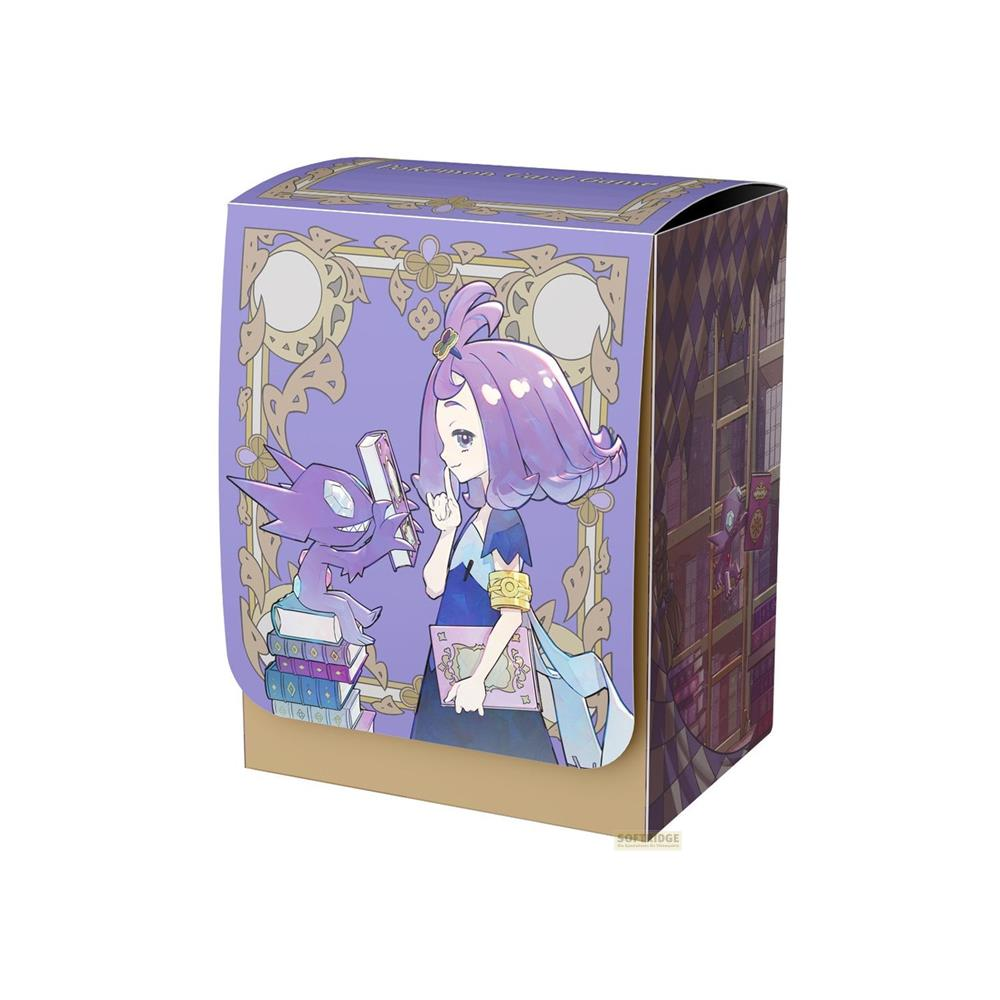 Lila Kartenspielbox mit Anime-Mädchen und Geist auf Büchern.