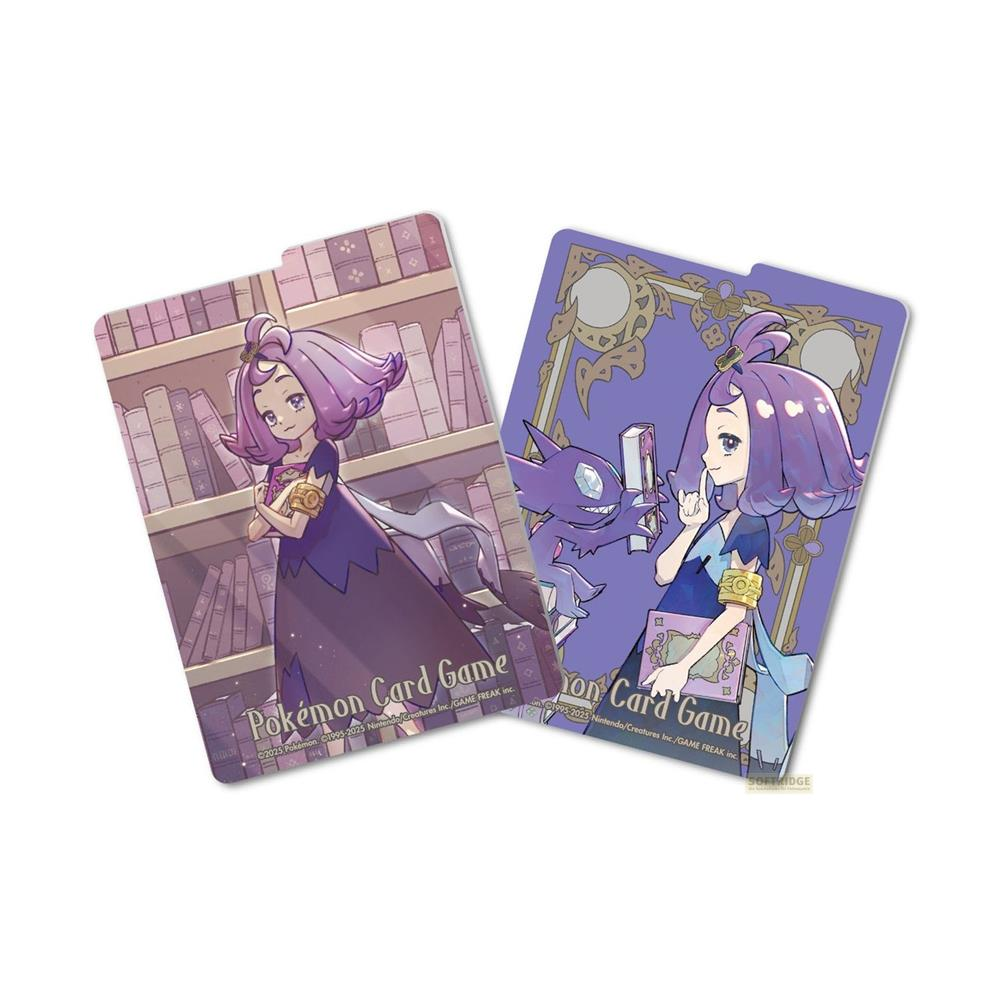 Anime-Mädchen mit lila Haaren und Pokémon vor Bücherregalen und lilafarbenen Rahmen.
