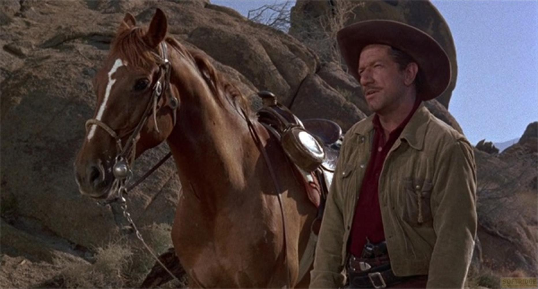 Un cowboy con cappello e giacca sta accanto a un cavallo marrone sellato in un deserto roccioso.