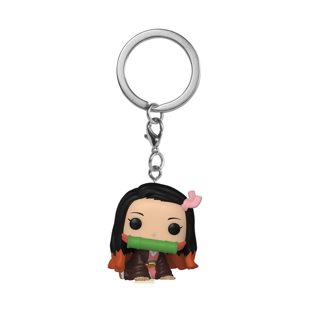 Un portachiavi Funko Pop di Nezuko Kamado con museruola di bambù.