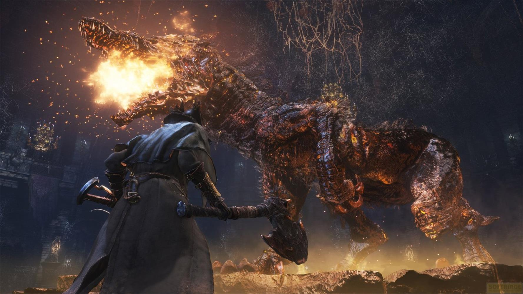 Un guerrier avec un marteau fait face à un monstre cracheur de feu.
