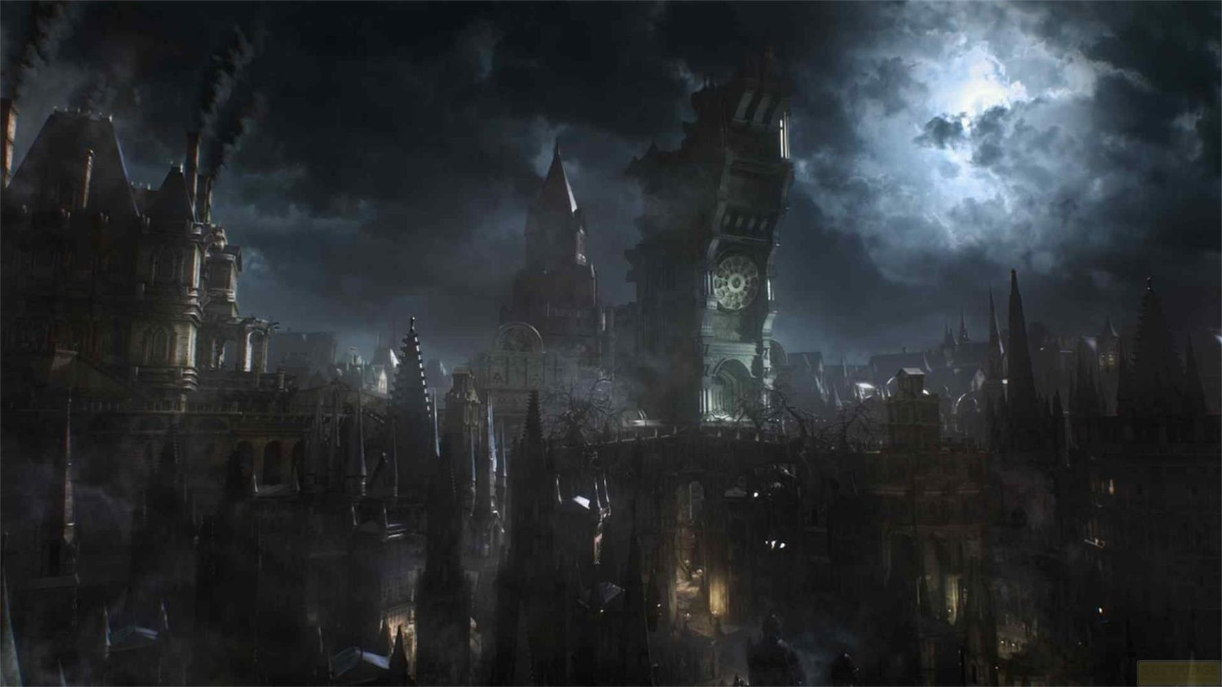 Paysage urbain sombre et brumeux avec de hauts bâtiments et un beffroi.