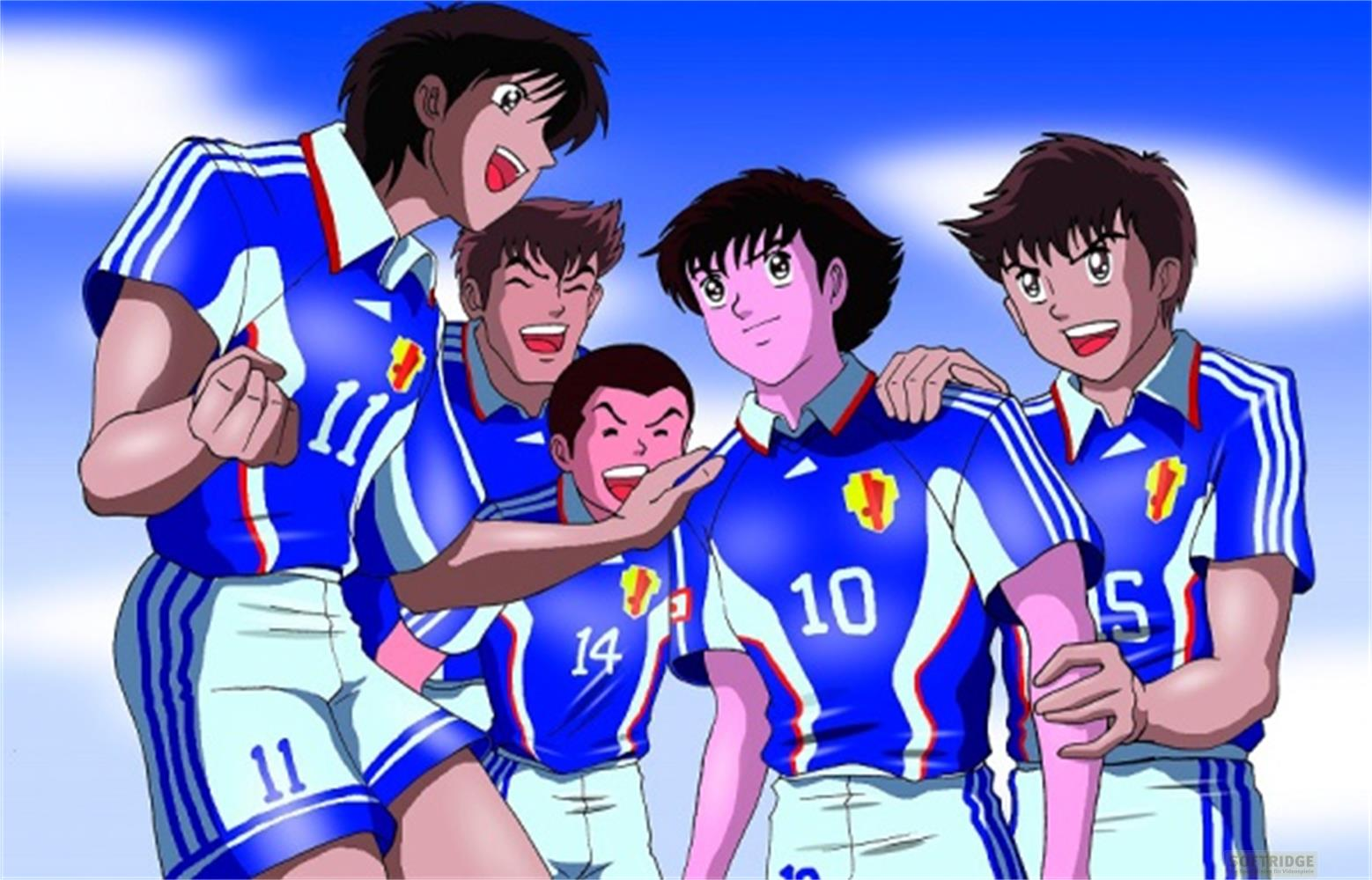 Cinque calciatori anime in maglie blu a strisce bianche esultano vicini.
