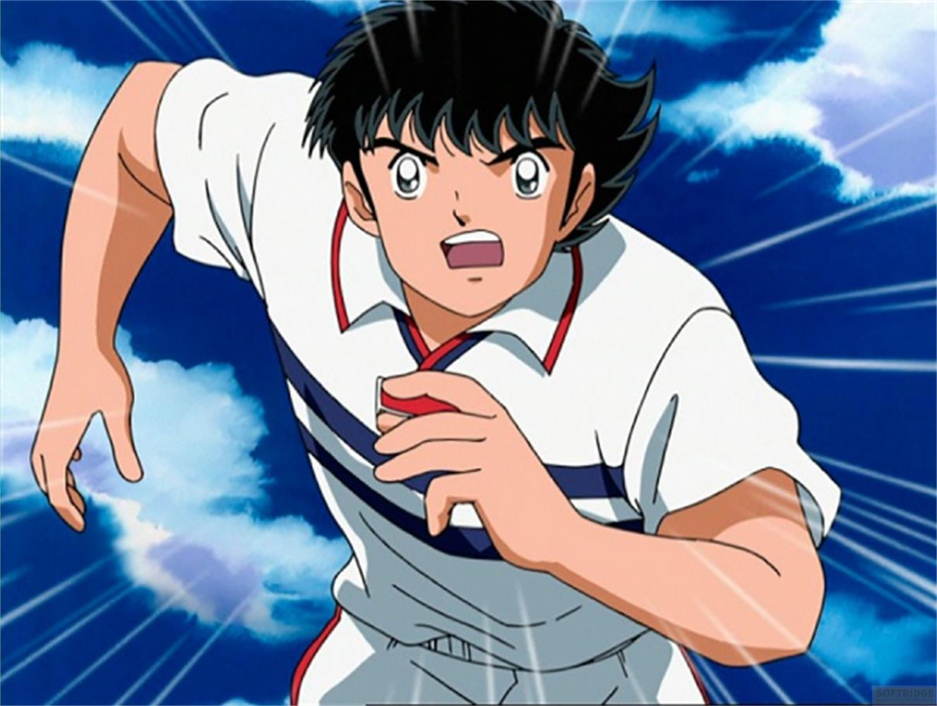 Un calciatore anime dai capelli neri corre su sfondo blu.