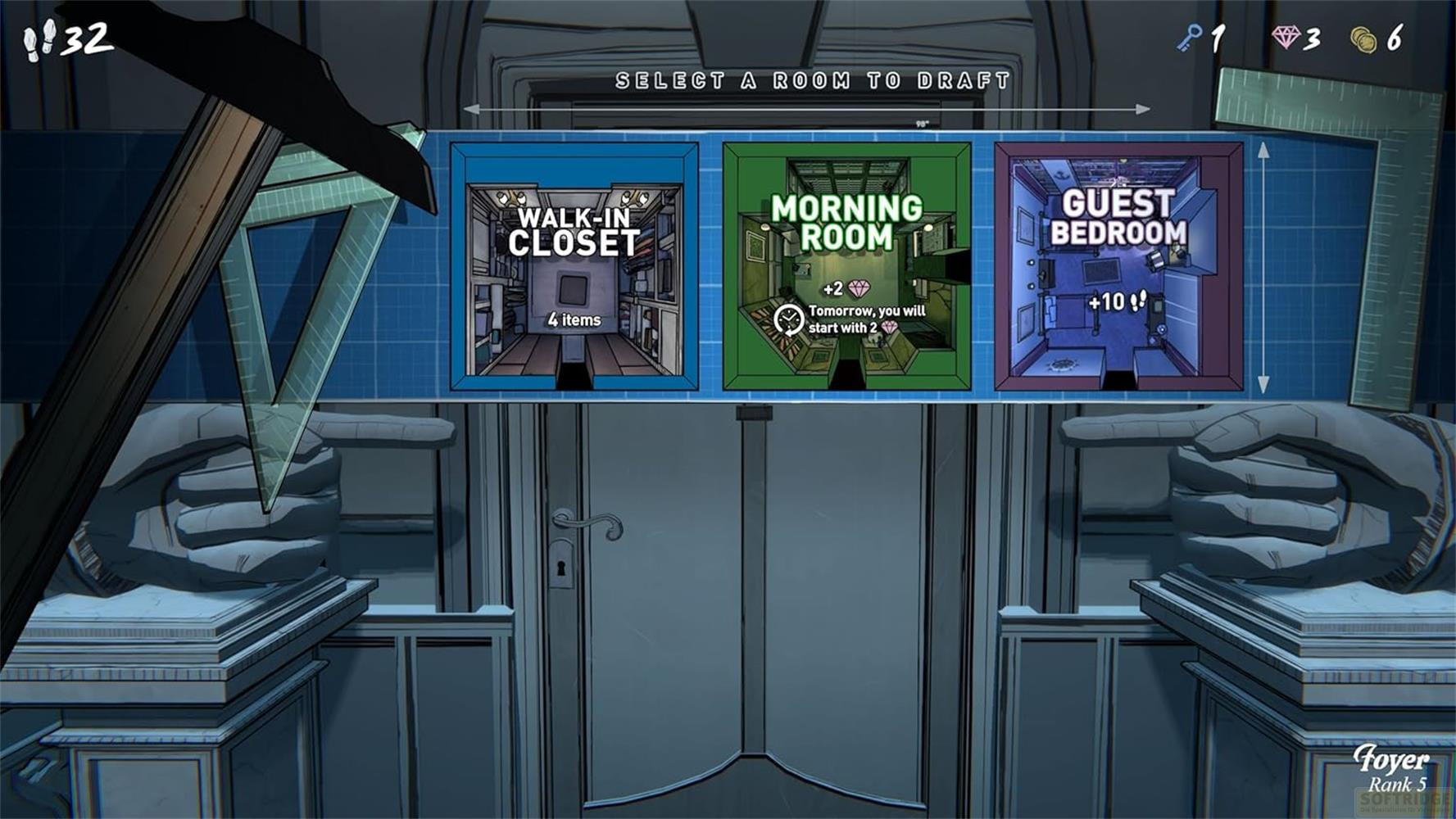 Bildschirm zur Auswahl eines Raumes: begehbarer Kleiderschrank, Morgenraum, Gästezimmer.