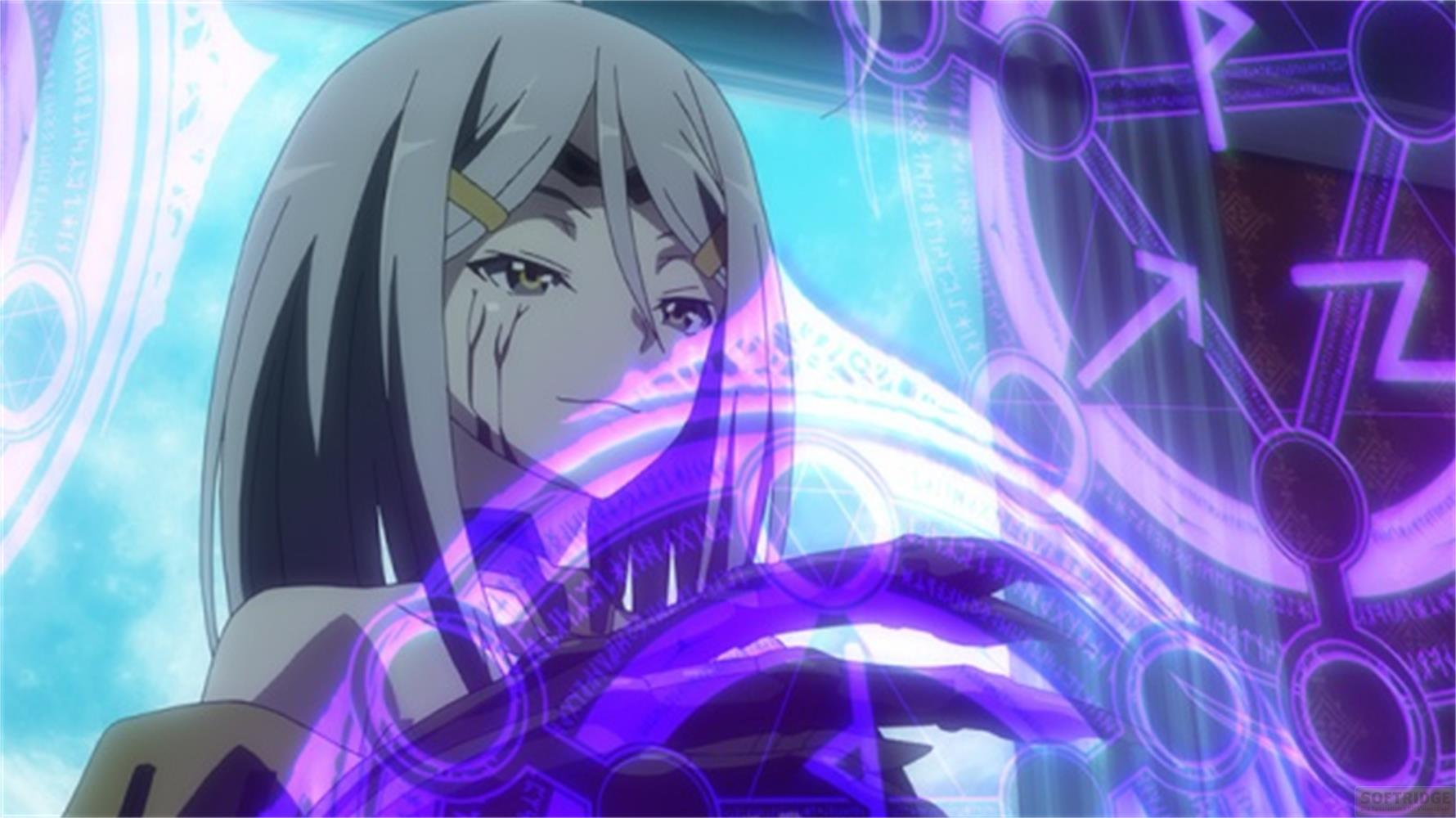 Personaggio anime con capelli grigi che lancia simboli magici viola.