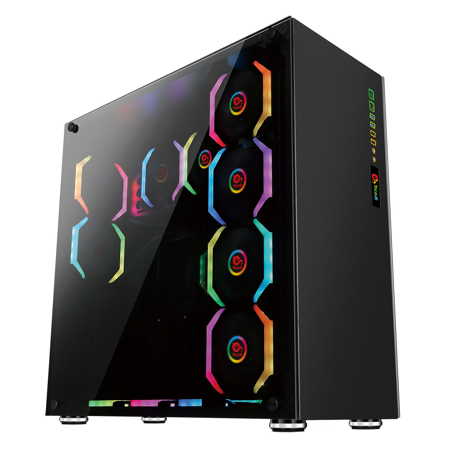 Case per computer nero con ventole illuminate e frontale in vetro.