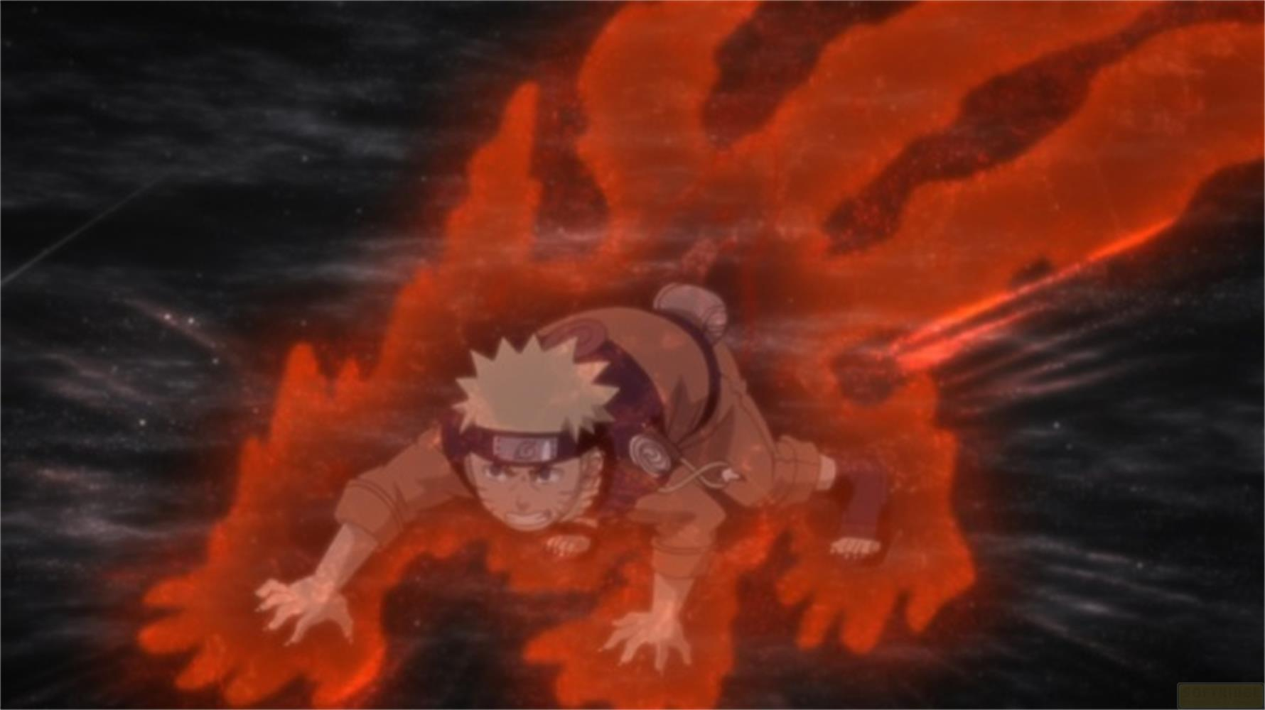 Naruto in abiti arancioni, circondato da fiamme rosse, in ginocchio su sfondo scuro.