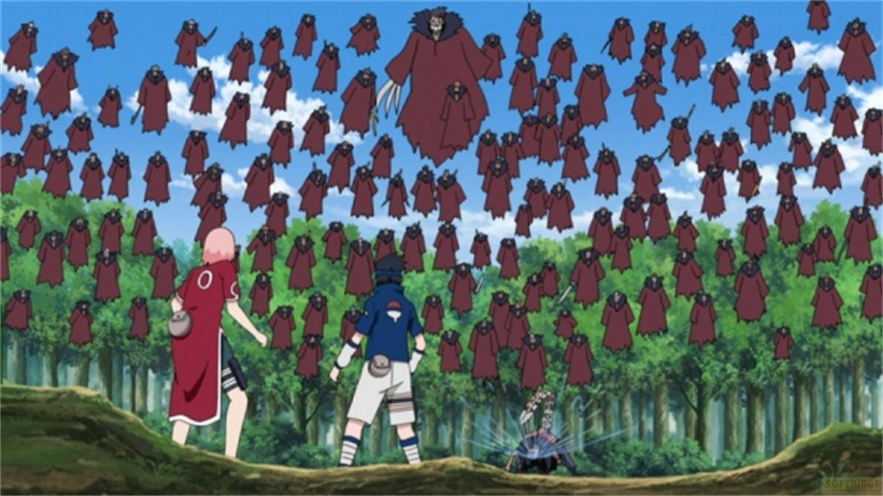 Sasuke e Sakura affrontano molti avversari in vesti rosse.