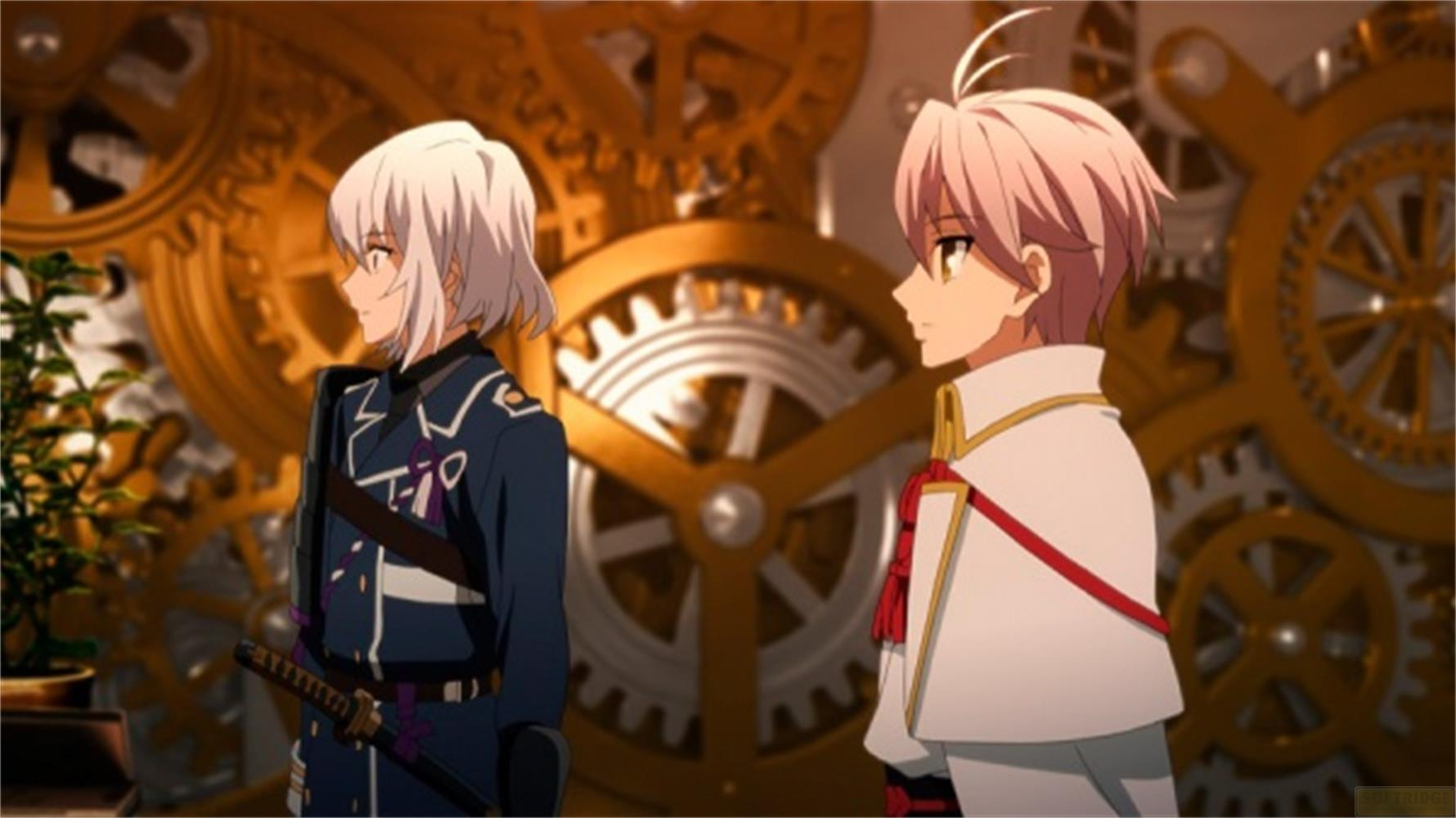 Due ragazzi anime davanti a ingranaggi. Uno indossa uniforme scura, l'altro bianca.