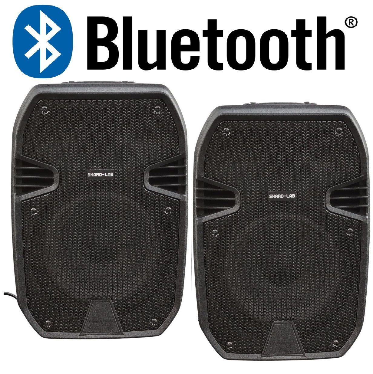 Due altoparlanti Bluetooth neri uno accanto all'altro, con logo in alto.