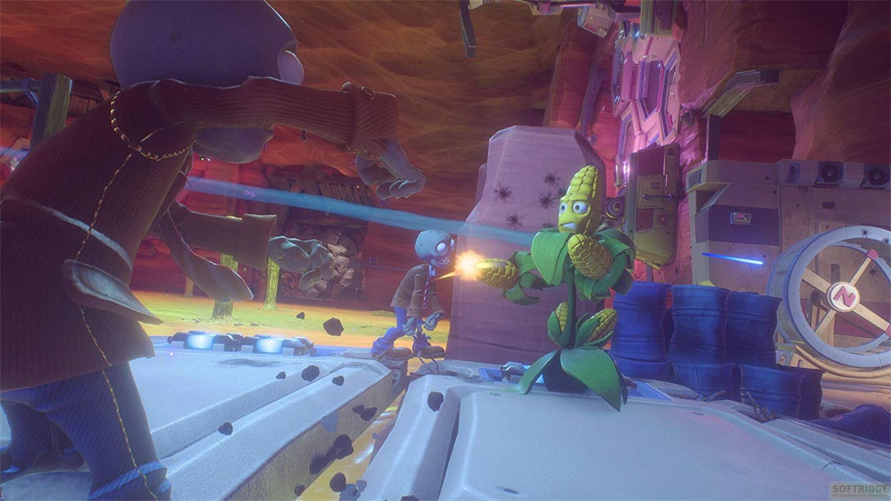 Un zombie tire sur une plante de maïs dans une scène de jeu.