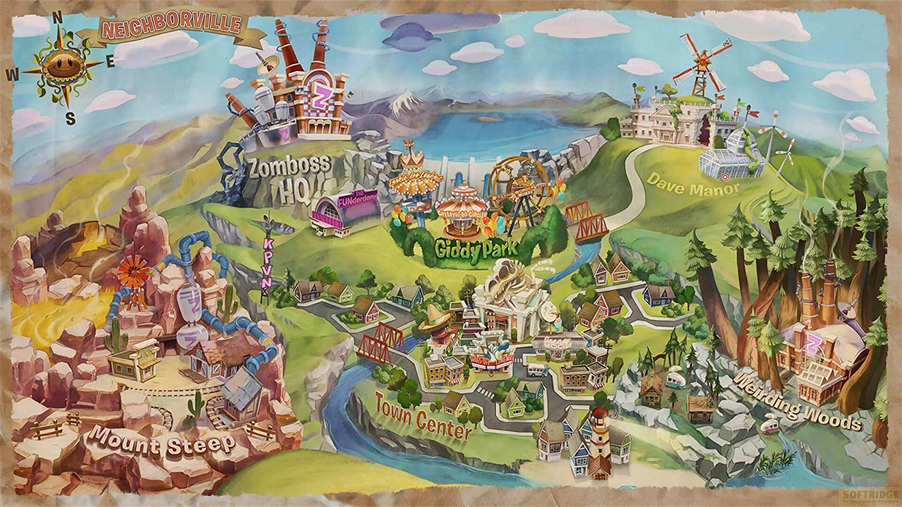 Carte de Neighborville avec Zomboss HQ, Giddy Park, Town Center, Mount Steep, Dave Manor et Weirding Woods.