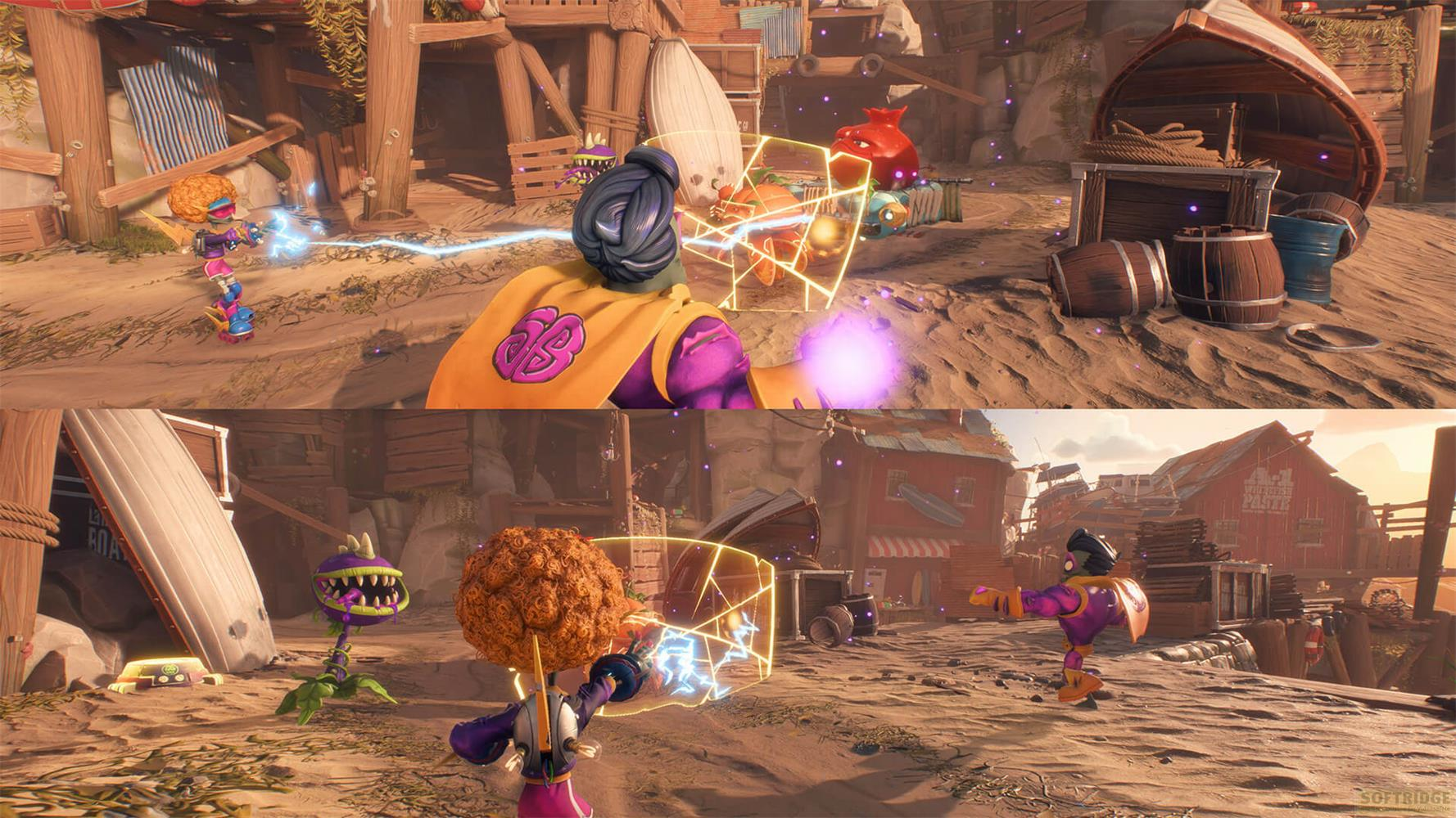 Montre deux scènes de combat avec des personnages plantes et zombies dans un environnement poussiéreux western.