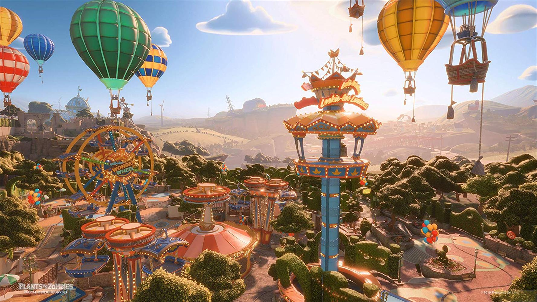 Un parc d'attractions avec grande roue, manèges et montgolfières.