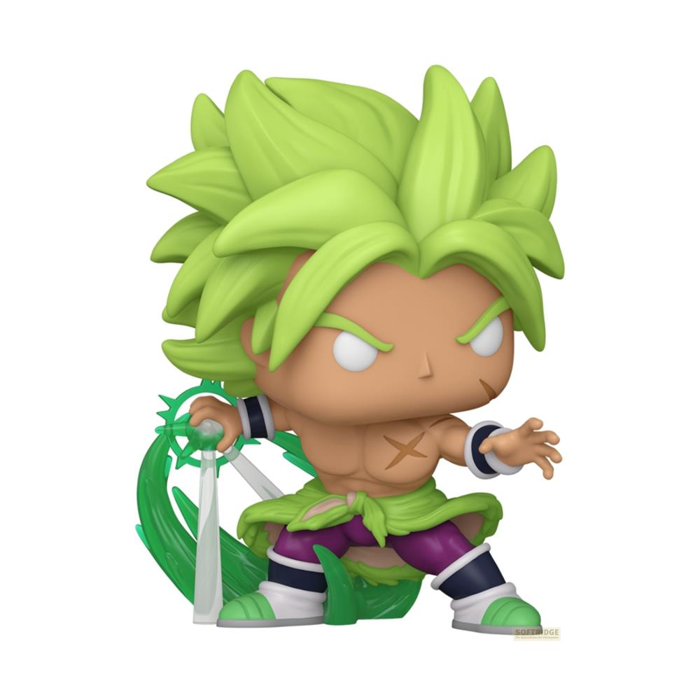 Una figura Funko Pop de Broly con pelo verde y pantalones morados.