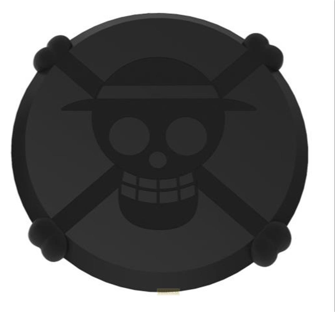Schwarzes Emblem mit Totenkopf und gekreuzten Knochen.