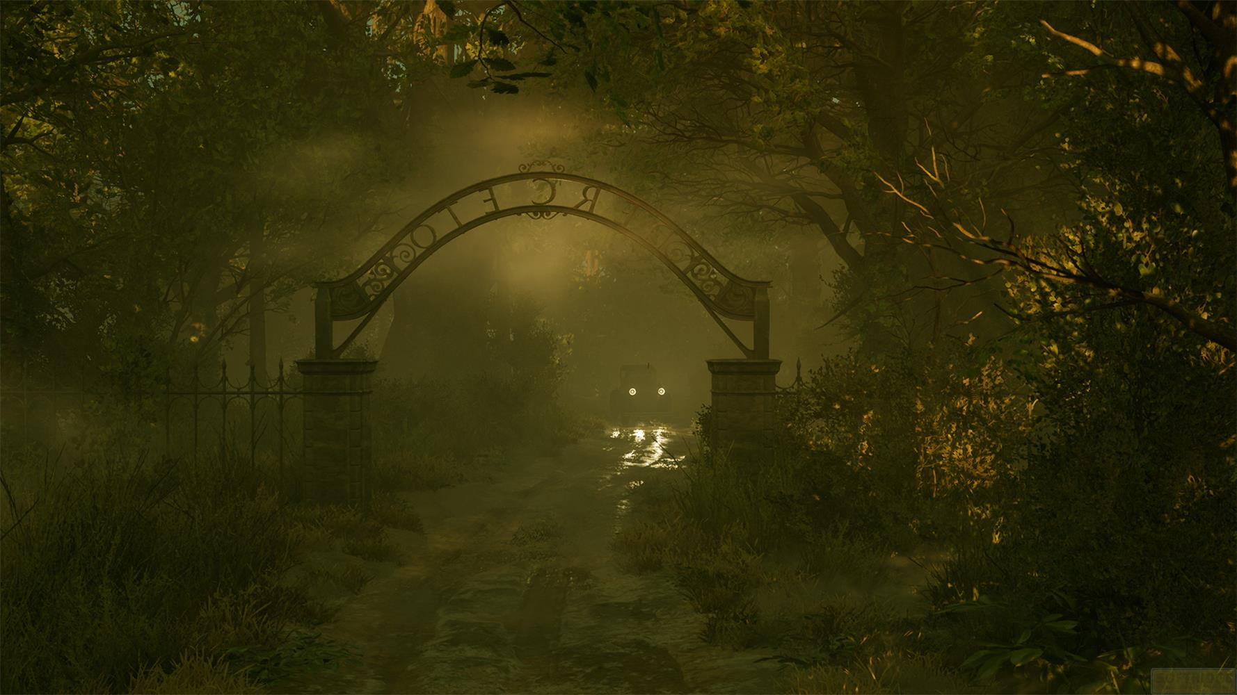Arco nebbioso con iscrizione in una foresta fitta, un'auto con luci.