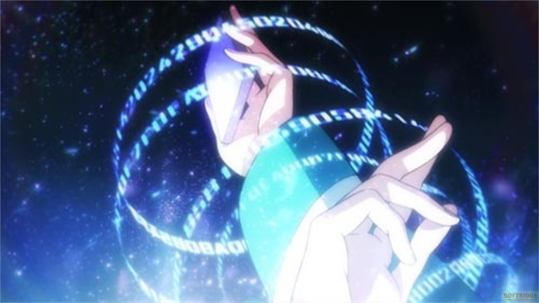 Una mano davanti a un cielo notturno con anelli blu luminosi di numeri.