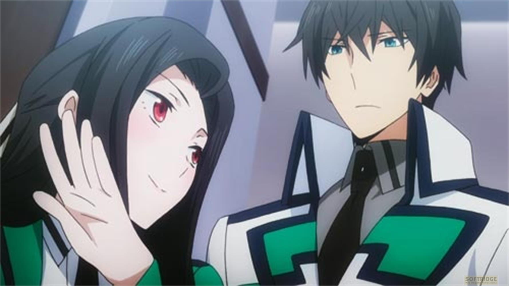 Ragazza anime con occhi rossi e ragazzo con occhi blu in uniforme scolastica.