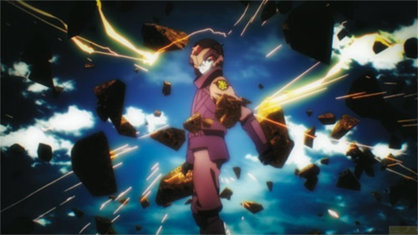 Un personaggio anime viola tra rocce fluttuanti e raggi di luce.