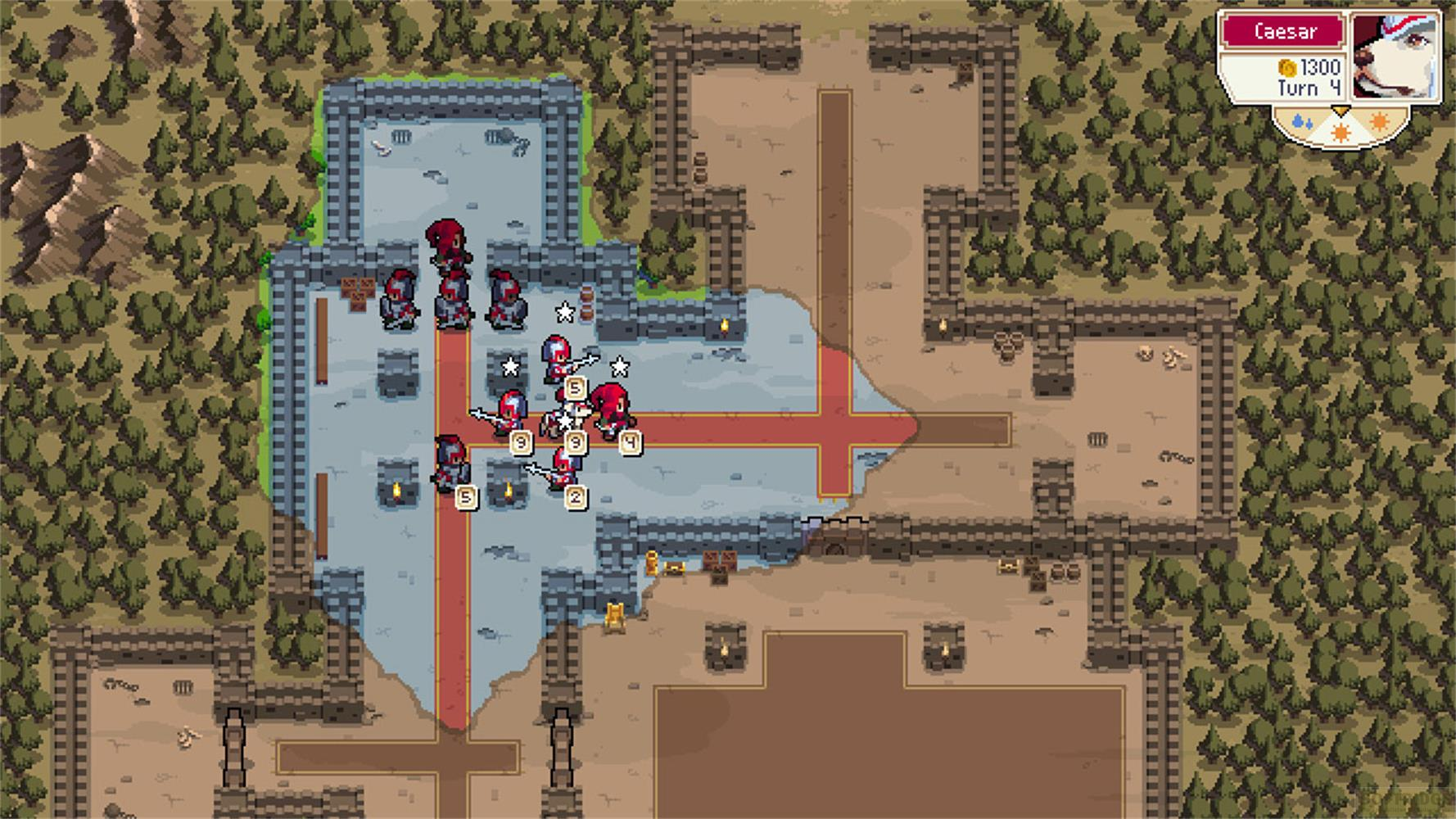 Pixel-Art-Strategiekarte mit Soldaten in roten und grauen Rüstungen innerhalb einer Burg.