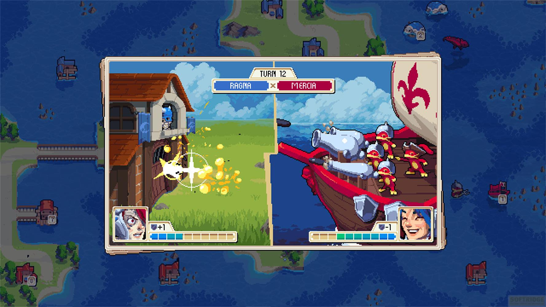 Pixel-Art-Spiel: Turm 12, Ragna gegen Mercia. Haus beschossen, Schiff mit Piraten.