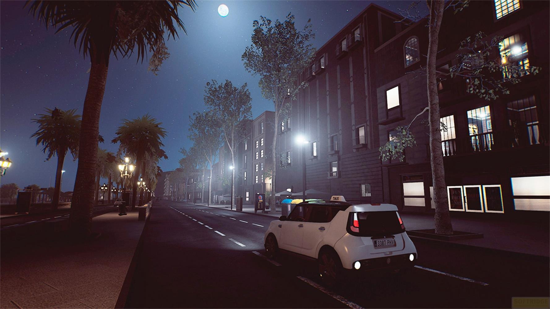 Un taxi blanco circula por una calle de noche, bordeada de árboles y edificios.