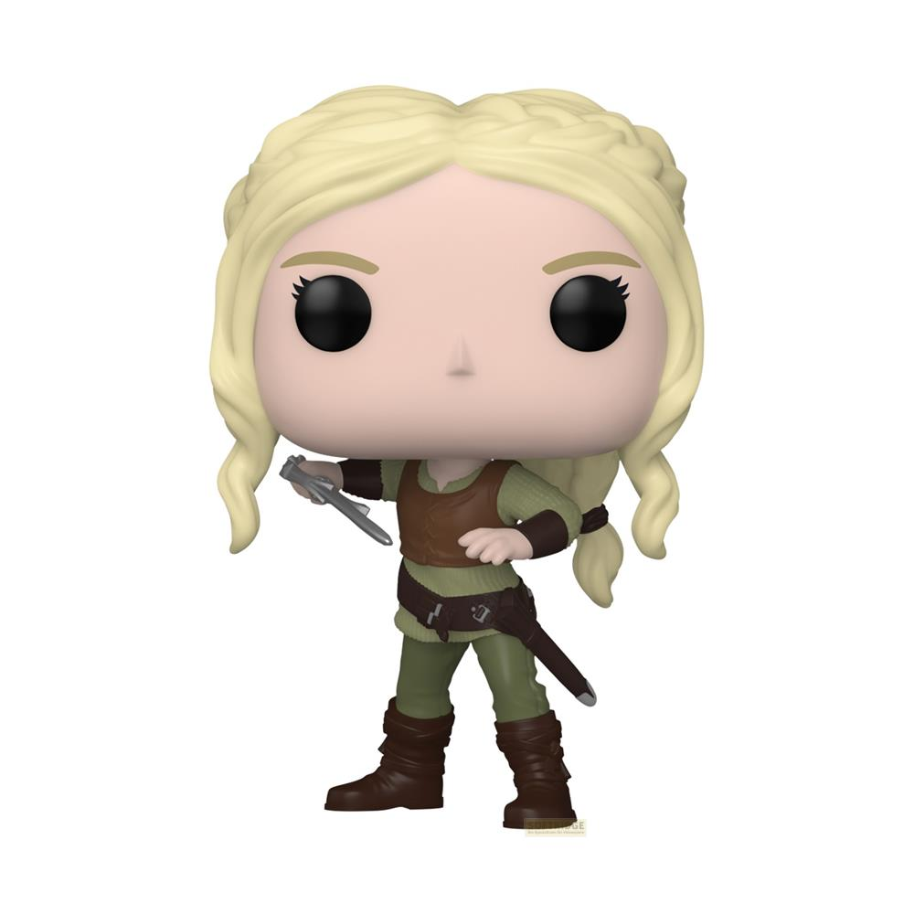 Una figuretta Funko Pop bionda con trecce, tiene una spada. Indossa verde e marrone.