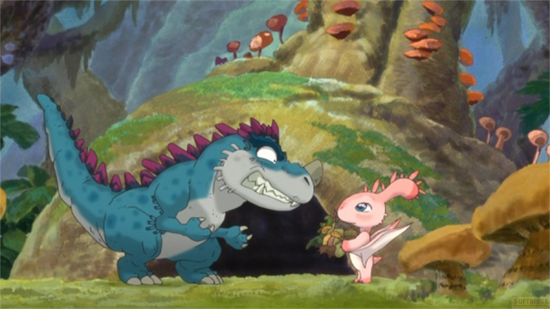 Un dinosauro blu con spuntoni viola fissa una piccola creatura rosa che tiene le bacche in una foresta.