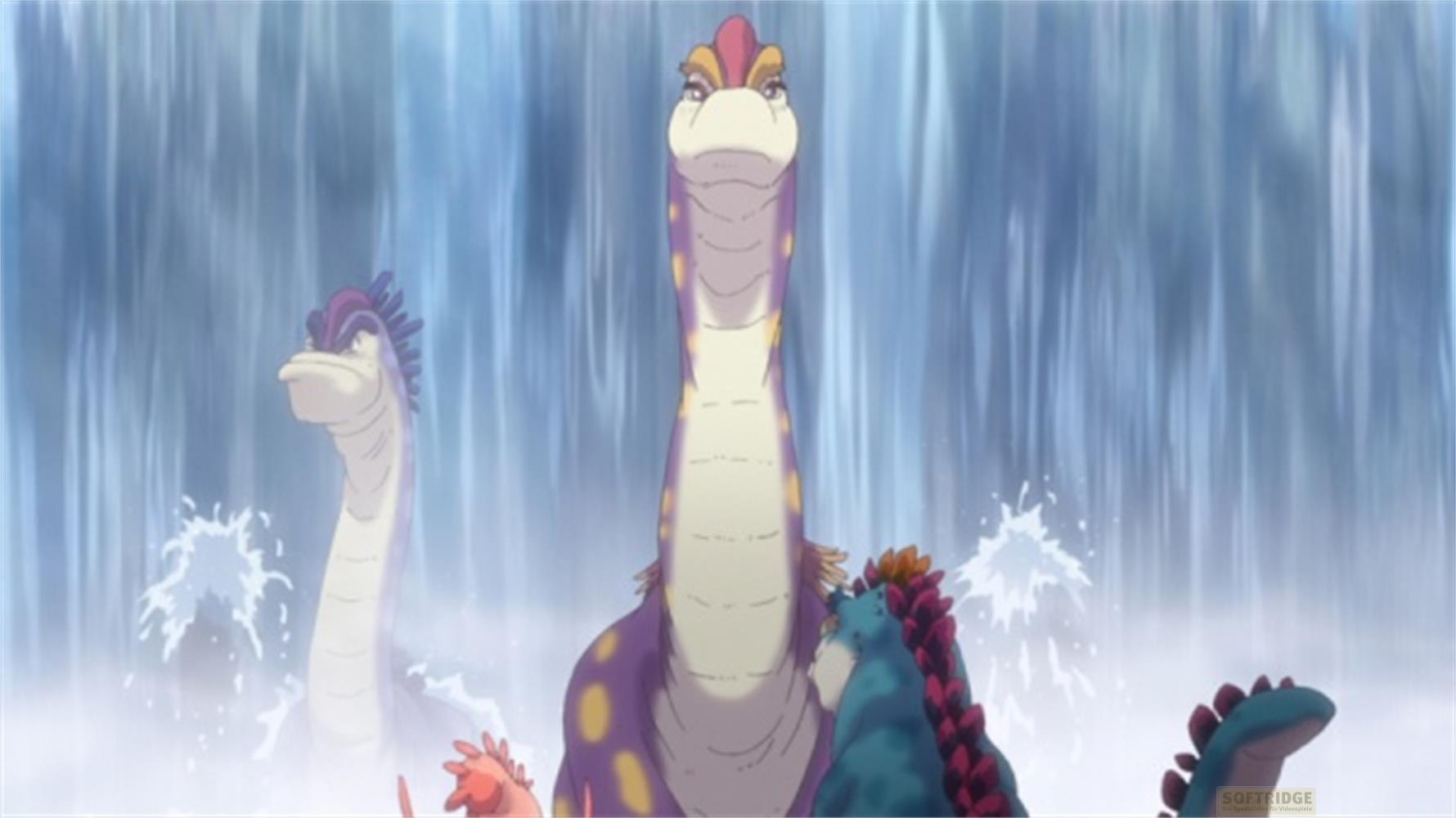 Diversi dinosauri in piedi in una cascata. Uno è viola con macchie gialle.