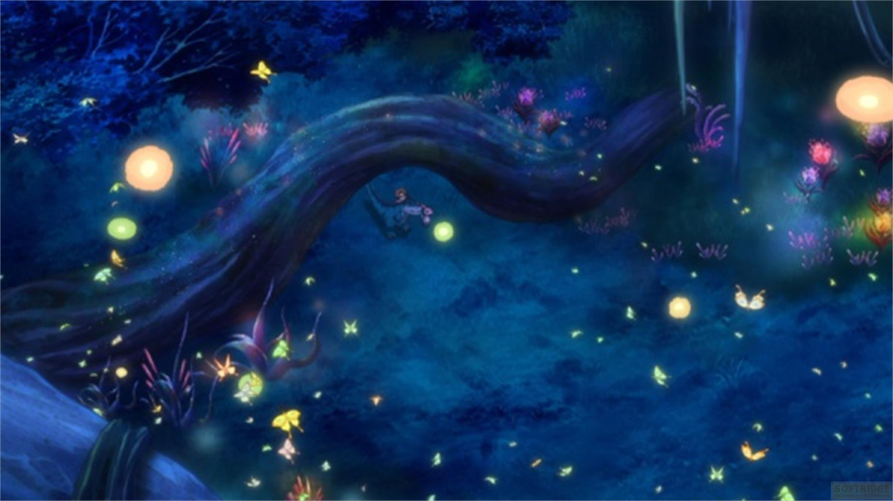 Una foresta magica di notte, con farfalle e lucciole luminose.