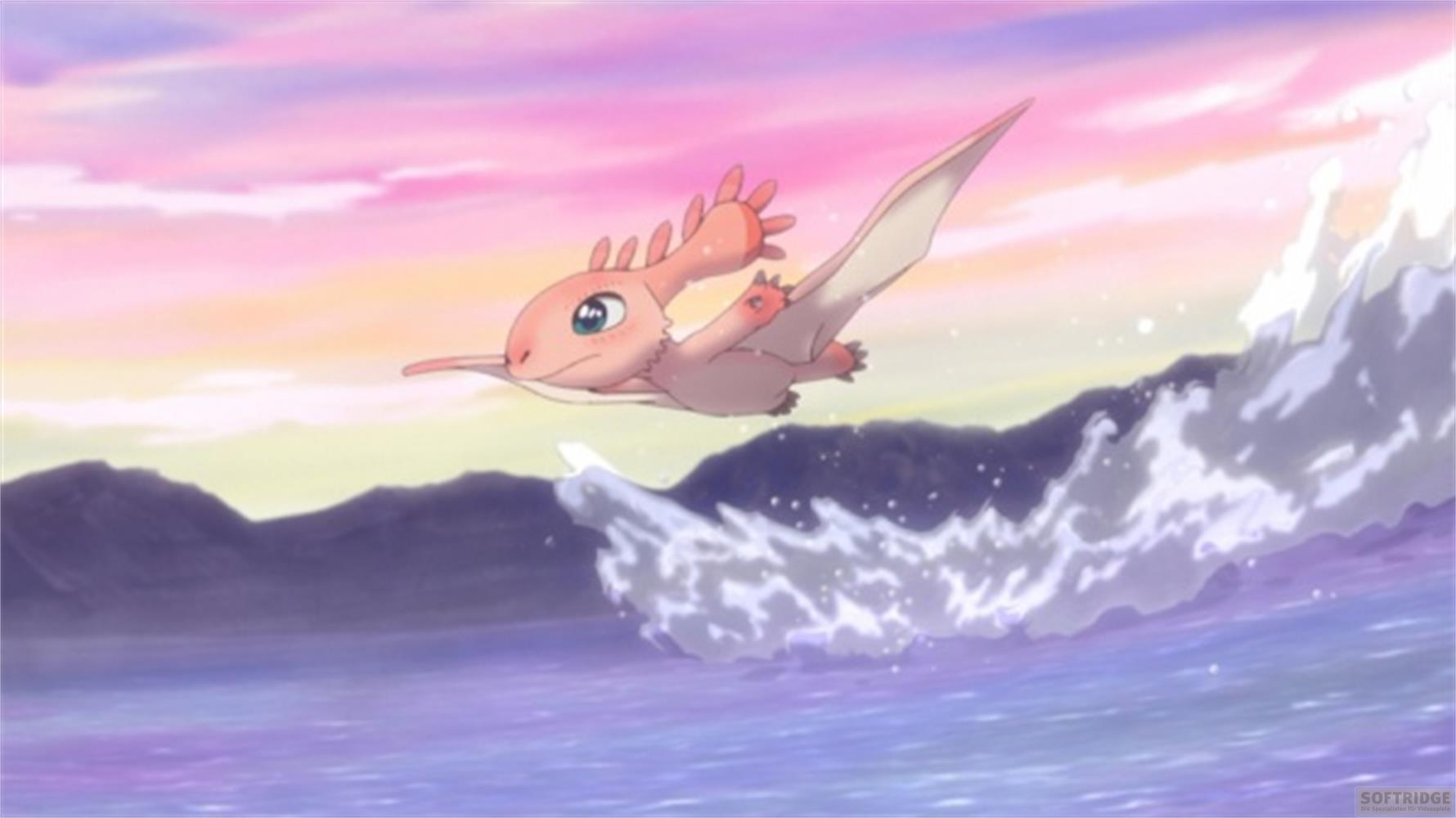 Un drago rosa vola sopra un'onda nell'oceano al tramonto.