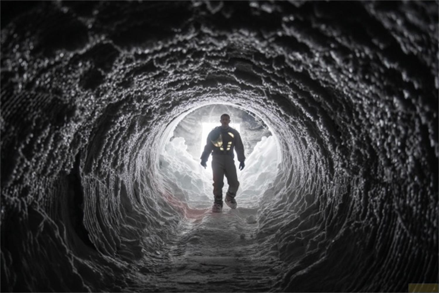 Uomo in abiti invernali cammina in un tunnel ghiacciato verso luce brillante.