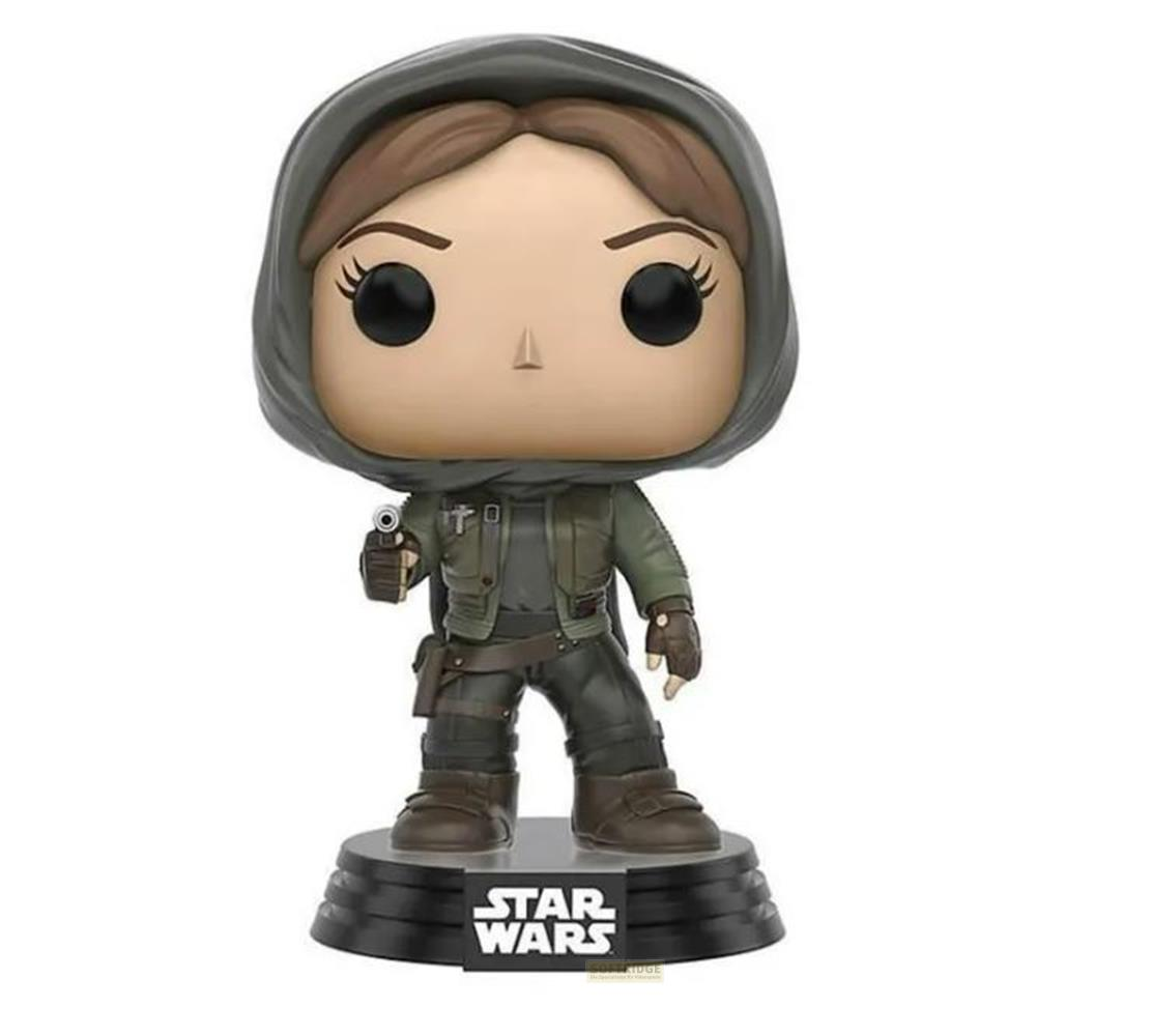 Funko Pop-Figur einer Frau mit Kapuze und Pistole, Star Wars Logo.