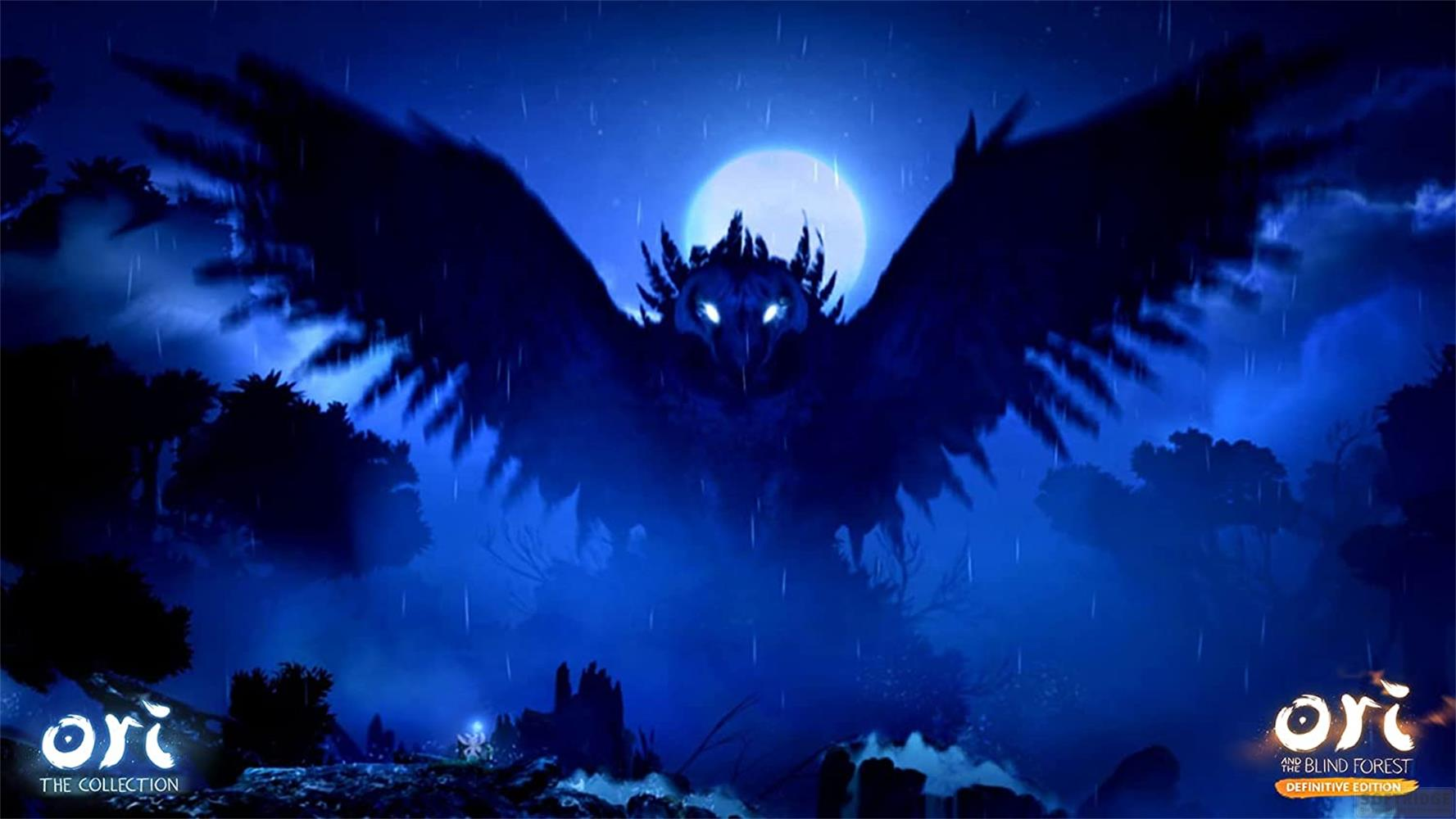 Ein düsterer Vogel mit leuchtenden Augen fliegt vor einem Vollmond im Regen.