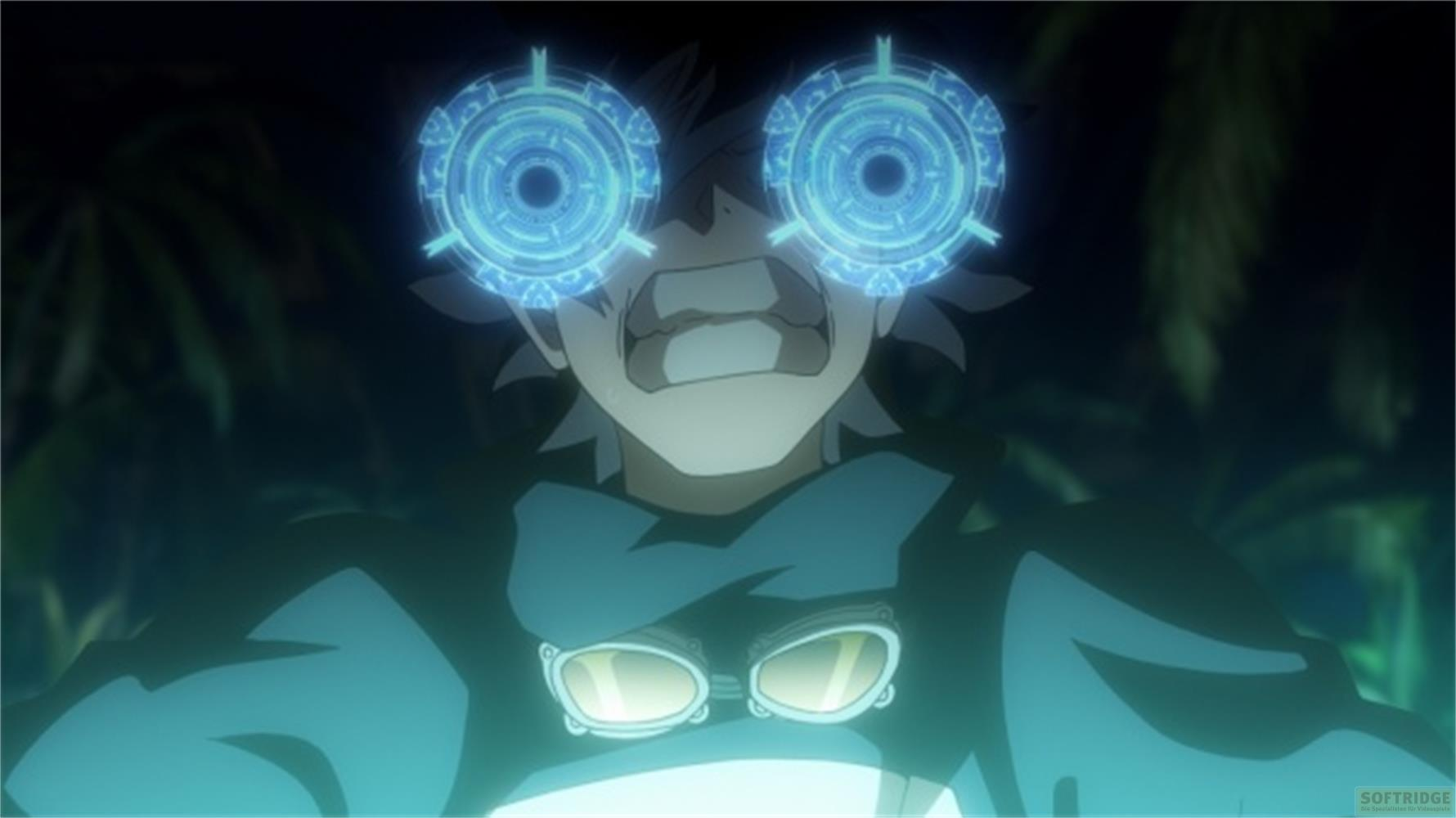 Un personaggio anime con occhi blu luminosi e occhiali.