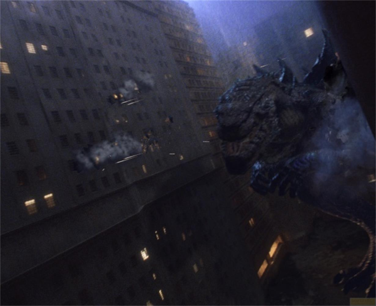 Un monstre géant surplombe une ville endommagée par des explosions.