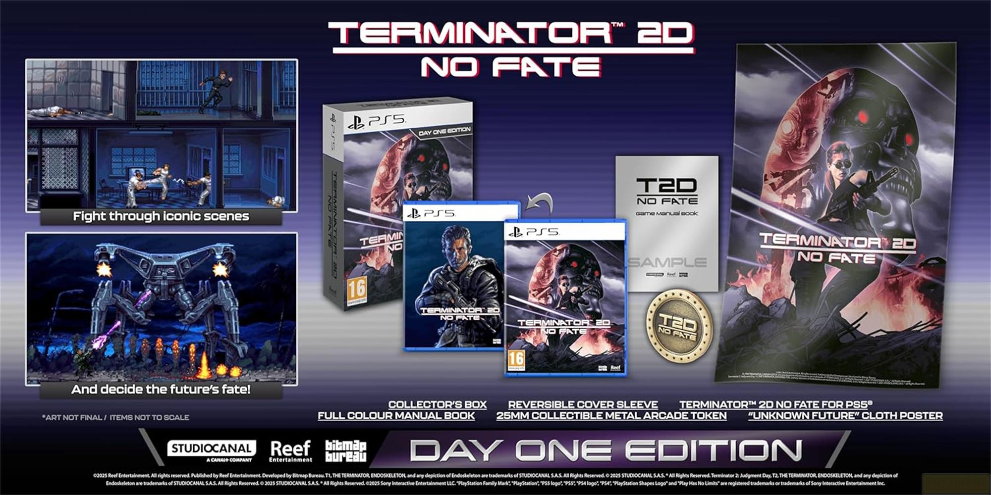 Terminator 2D No Fate PS5 Edizione Day One con gioco, libro, token e poster.