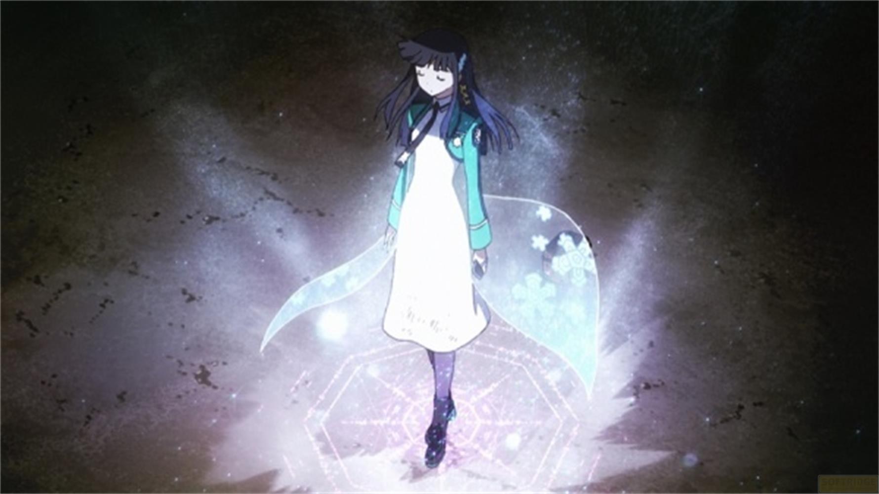 Personnage d'anime en robe blanche et blazer turquoise sur un cercle magique.