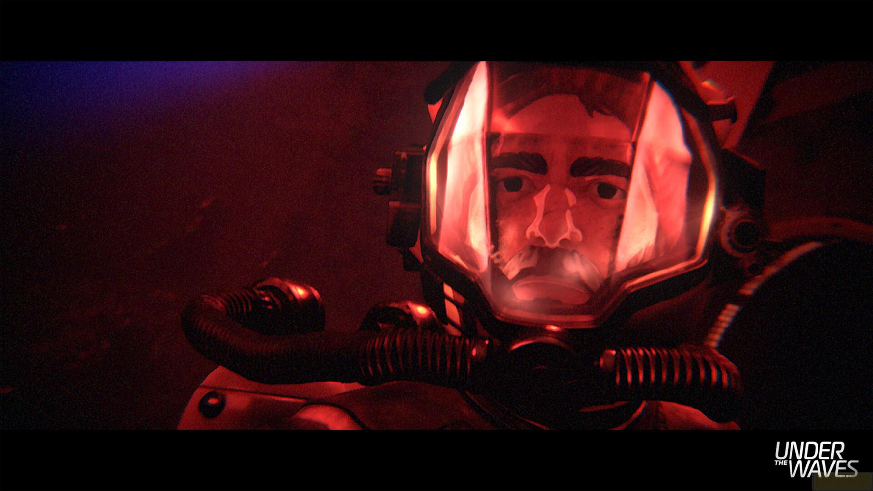 Un plongeur dans la lumière rouge porte un casque avec visière.